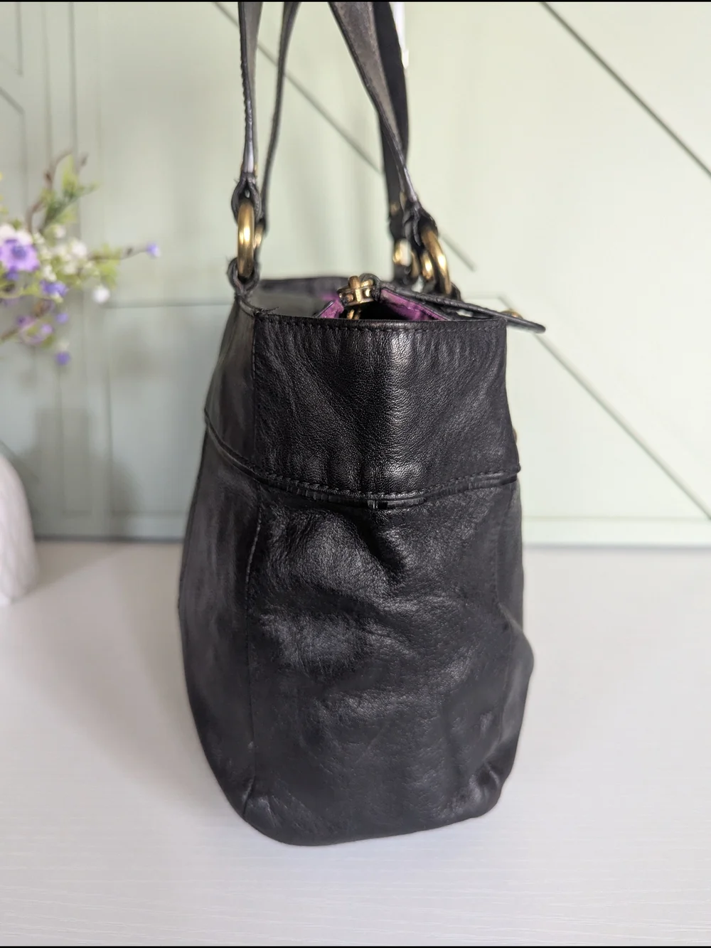 Coach Black Leather Shoulder Bag with Gold Stud Accents